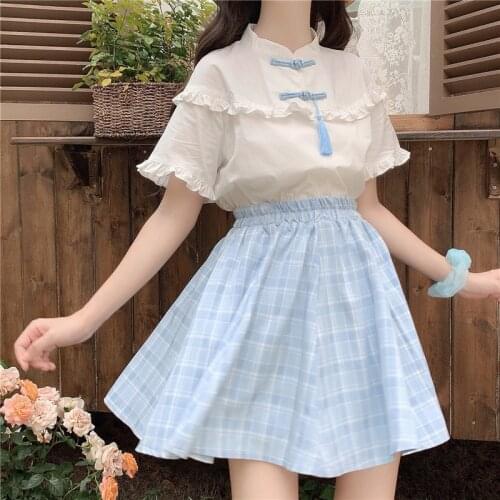 Japanese Lovely JK Uniform Plaid Fluffy Teen Girl Mini Skirt Summer Fashion Elastic Waist Solid Lolita Skirt Female Kawaii Skirt