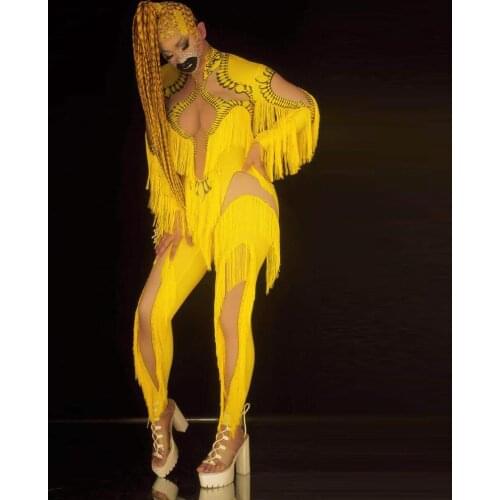 Sexy Stage Wear DJ Singer Dancer Party Show Costume Yellow Tassel Jumpsuit Women Long Sleeve Spandex Skinny Fringe Leotard