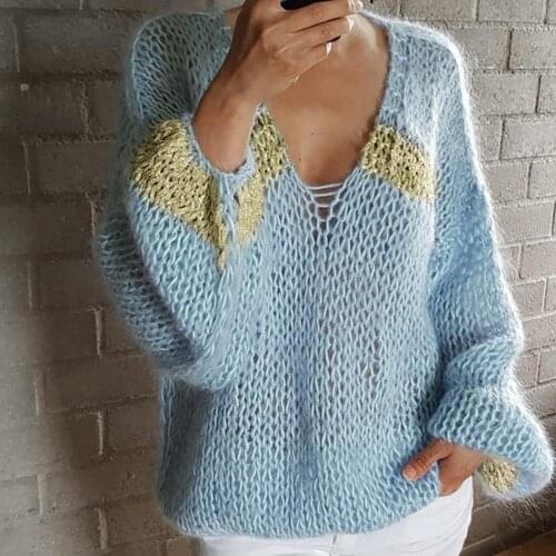 Sweater Women 2021 Sweet Knitted Warm Contrast Colors V Neck Anti-shrink Pullover Autumn Sweater Sweaters Pullover Fall Clothes