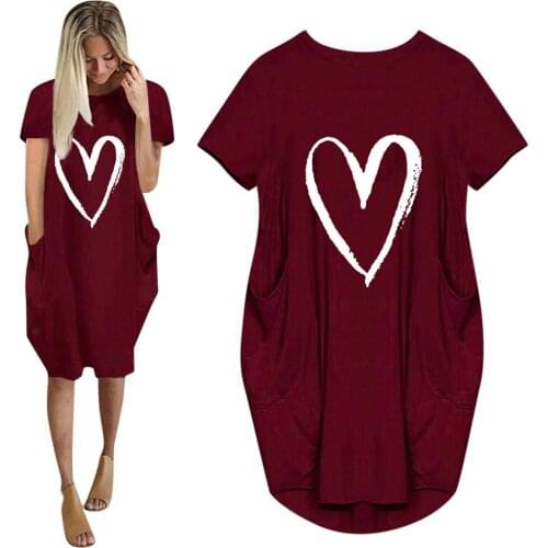 Women Casual Loose Dress With Pockets Fashion O Neck Short Sleeve Love Print Long Tops Female Street Plus Size 5XL T-shirt Dress