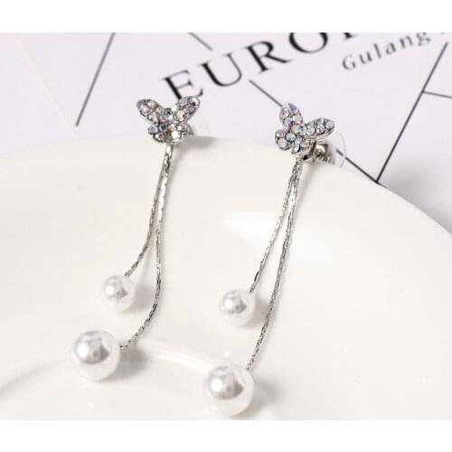 2020 Fashion Butterfly Pearl Statement Earrings Trendy Crystal Drop Earrings for Women Party Jewelry Korean Long Earrings