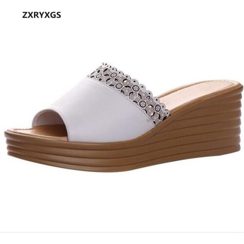 2021 New Fish Mouth Lace Hollow Genuine Leather Slippers Women Sandals Platform Wedges Heighten Slippers Fashion Casual Sandals