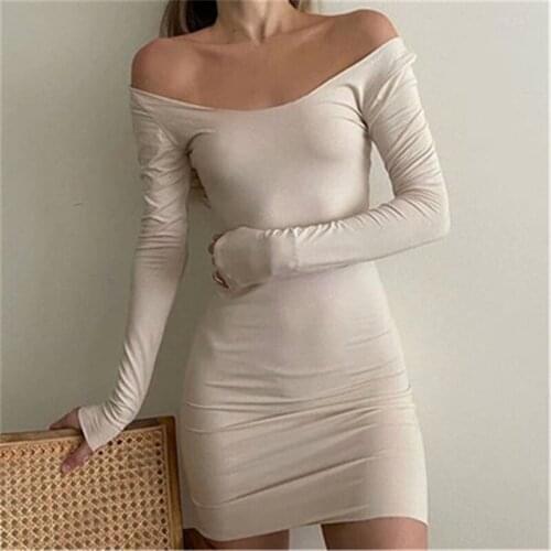 2021women y2k Solid Casual romantic Slim dresses winter Bodycon Sexy Long Sleeve One shoulder Mini Wedding Party Elegant Clothes