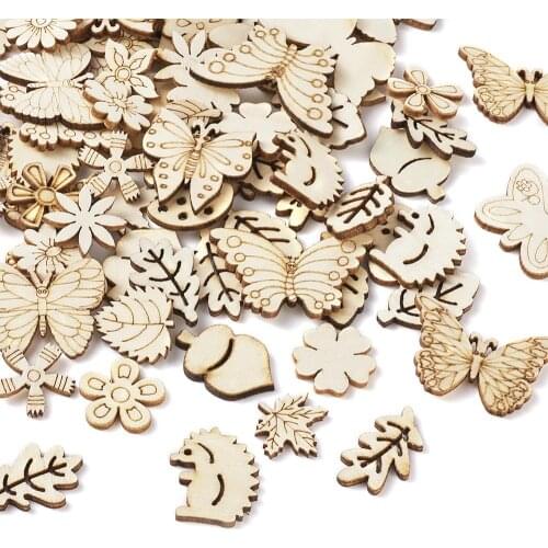300pcs Butterfly Flower Leaf Shape Laser Cut Wood Cabochons Unfinished Wooden Embellishments for DIY Scrapbooking Decorations