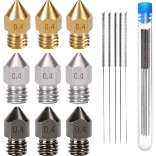 3D Printer Extruder Nozzles 0.4 mm Hardened Steel, Stainless Steel, Brass Nozzle and 5 Cleaning Needles For MK8 Creality CR-10
