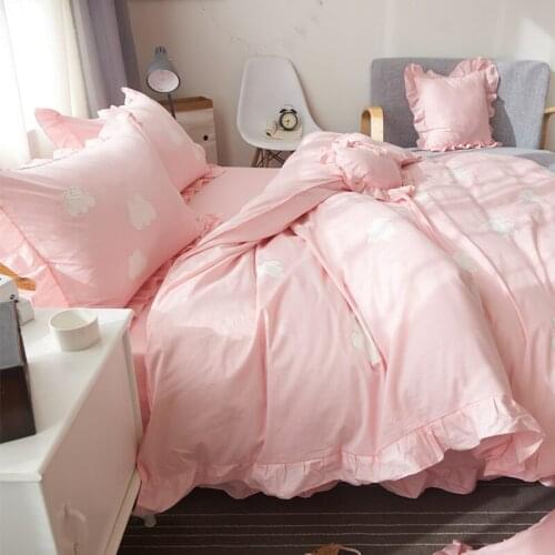 Girl Heart 4pcs Cotton Princess Style Cotton Bed Sheet Pink Korean Bed Skirt Comforter Set Bed Comforter Pink Bedding Set