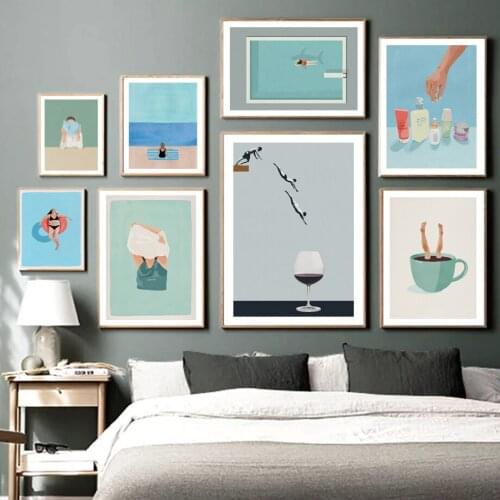 Abstract Nordic Poster Beach Sea Diving Wine Glass Coffee Cup Swim Print Canvas Painting Wall Art Pictures For Living Room Decor