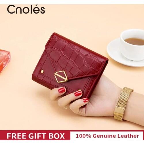 Cnoles Brand Genuine Leather Women Wallet Bifold Clutch Bag Design Red ID Card Holder Coin Purse Ladies Short Crocodile Purse