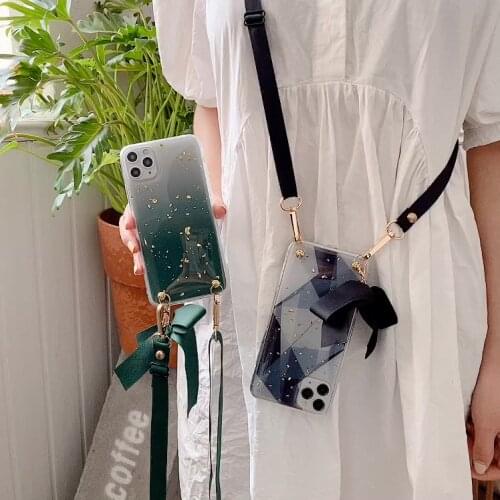 Case For iPhone 7 8 Plus Bling Green Grid Strap Cord Chain Necklace Lanyard Cover For iPhone 12 Mini 11 Pro Xs Max Xr X SE 2020