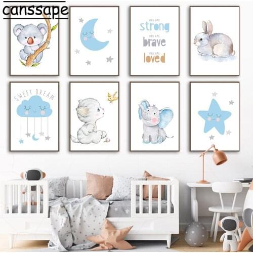 Nursery Art Painting Elephant Poster Moon Stars Clouds Prints Koala Posters Cute Animal Wall Pictures Kids Room Decoration