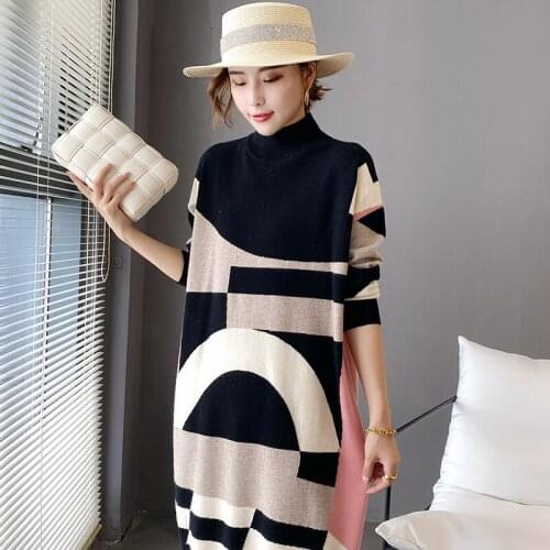 Women 30% Wool Sweater Dress Autumn Winter Plus Size Sweater Ladies Patchowork Colors Knit Dress Pullovers