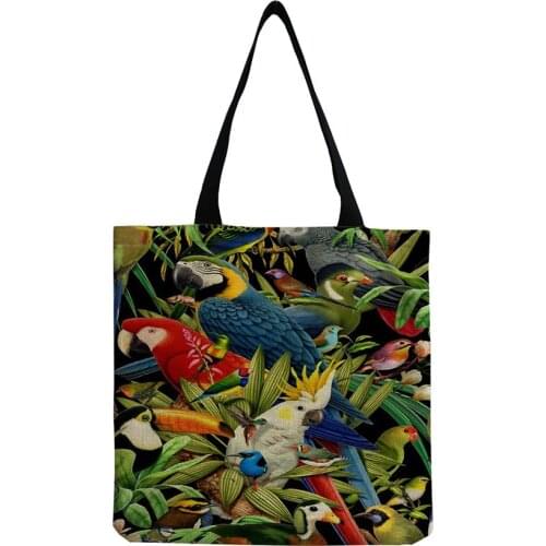 Eco Friendly Foldable Large Capacity Shopping Bag Cartoon Creativity Color Parrot Tote Bag for Women Storage Linen Printed Handg