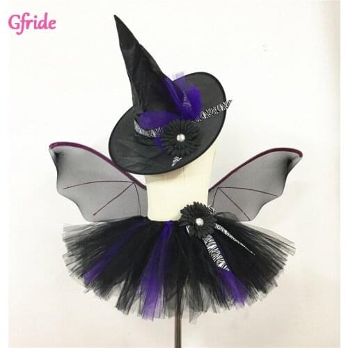 Kids Girl Witch Hat Wings Web Tulle Cobweb Skirt Halloween Christmas Costume Cosplay Cat Animal Ears Fancy Dress Clothing 2-6 Yr