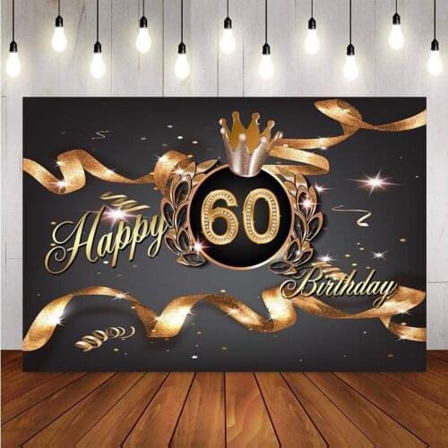 Custom Photography Background Adult Luxury 60th Birthday Party Decor Black Gold Crown Ribbon Banner Backdrop Photo Studio