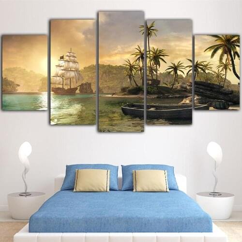 HD Print Canvas Sailboat Paintings Home Decor Sea Wall Art Modular Coconut Tree Pictures Modern Landscape Posters Bedroom Frame