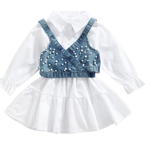 2Pcs Kids Summer Outfit Set Solid Color Lantern Sleeves Shirt Dress + Denim Beading Vest Fashion Suit Children Girls, 1-6 Years