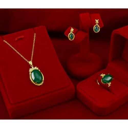 KOREAN 14K GOLD JEWELRY CHAIN CHOKER NECKLACE PENDANT FOR WOMEN WEDDING ENGAGEMENT RING NATRUAL EMERALD JADE GEMSTONE EARRING