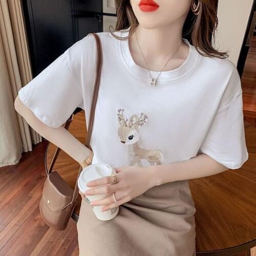 Summer Short Sleeve Fashion embroidery Lady T-shirts Top Retro Small Deer embroidered T Shirt Womens Graphic Female T-Shirt