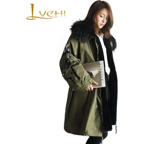 LVCHI Women Winter Jacket Parker Natural fur Rex Rabbit Jacket for Women raccoon dog fur collar Floral print imported jackets