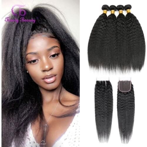 Brazilian Kinky Straight Hair 4Bundles With Closure Middle/Three/Free Part 100% Human Hair Extensions Non-remy Trendy Beauty