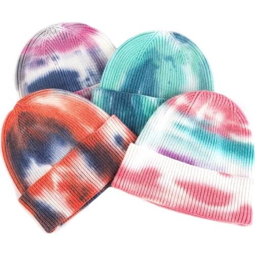 Fashion Knit Tie-Dye Ear Beanies Men Coarse Hat All-Match Warm Hats Womens Winter Autumn Thick Soft Ski Cap Bonnet Skullies