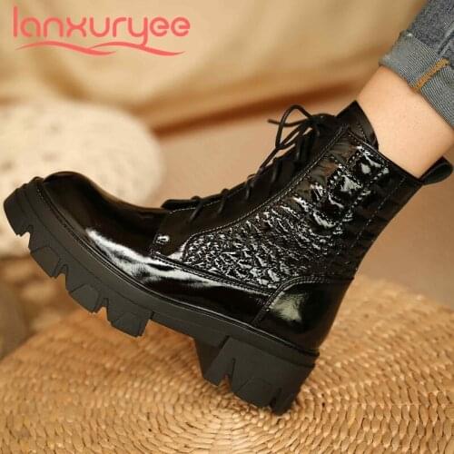 Lanxuryee motorcycle boots natural leather platform handsome round toe thick high heel lace up leisure fashion ankle boots L38