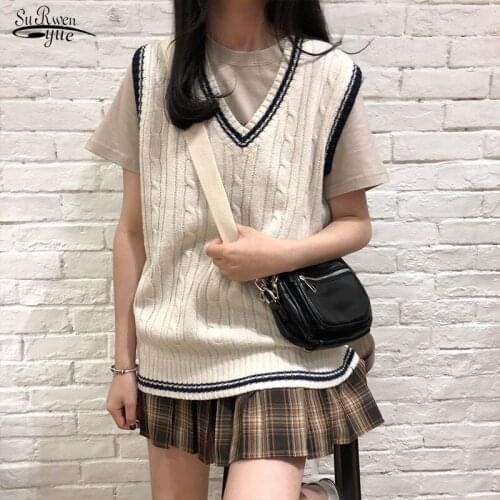 Solid Color 2020 Autumn and Winter Preppy Style V-neck Knitted Sleeveless Vest Sweaters Women Pullovers Women All-match 10971