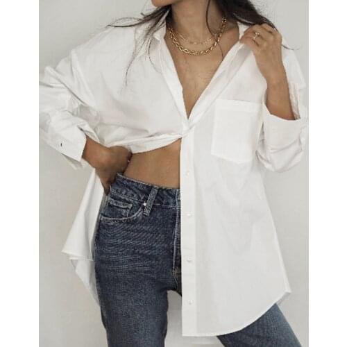 Office Lady White Shirt Women Blouse Female Long Sleeve Top Shirts Summer Cotton Blouses Pocket Basis Casual Womens Tops Blouses