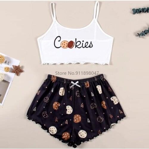 Cookies Print Women Sexy Pajamas Set Spaghetti Strap Lingerie Sleepwear Suit Casual Cotton Female 2 Piece Nightwear Shorts Set