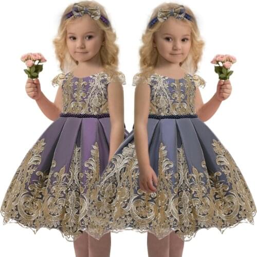 New Style Girl Wedding Party One-character Shoulder Suspender Dress Girl Bow Nail Pearl Flower Banquet Ball Dress vestidos