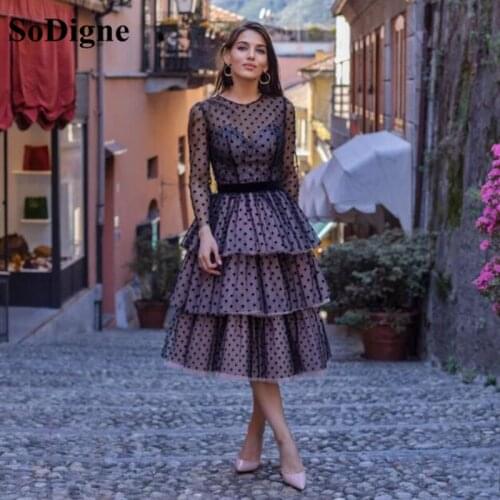 SoDigne Elegant Evening Party Dresses Black Dotted O-Neck Long Sleeves Fomal Gowns Women Tea Length Tiered Prom Dress