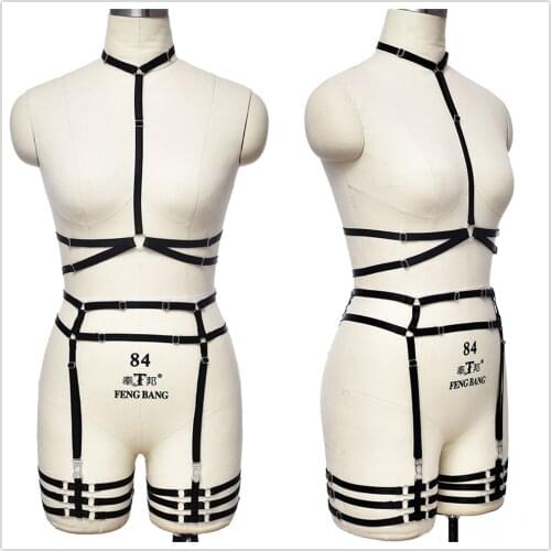 90s Hollow Body Harness Belt Goth Bondage Body Cage Sexy Lingerie Bra Black Punk Bodysuit Adjustable Bottom Garter Belt Set