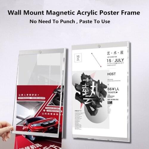 A3 Clear Acrylic Wall Mount Sign Holder Label Display Frame Self-Adhesive Magnetic Photo Picture Poster Frame