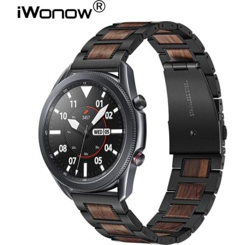 Stainless Steel & Nature Wood Band for Samsung Galaxy Watch3 45mm 41mm / Watch 46mm 42mm / Gear S3 / Active 2 Watchband Strap