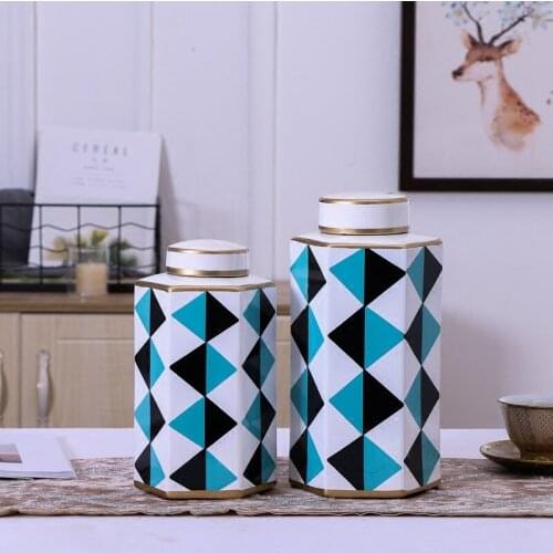 Chinese American Home Decoration Living Room Geometric Pattern Ceramic Storage pot Ornaments porcelain decorate jar vase
