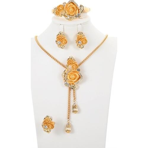 Gold color jewelry sets African bridal wedding gifts for women necklace bracelet earrings ring set flower jewellery Ornament set