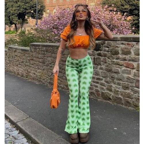Female Flared Trousers Heart Print High Waist Bell-Bottomed Pant For Spring Summer Fall Green And Comfortable Soft Stylish S M L