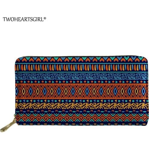 Twoheartsgirl Colorful Ethnic Style Leather Wallet for Women Organizer Zipper Coin Purse Ladies Credit Card Holder Phone Bags