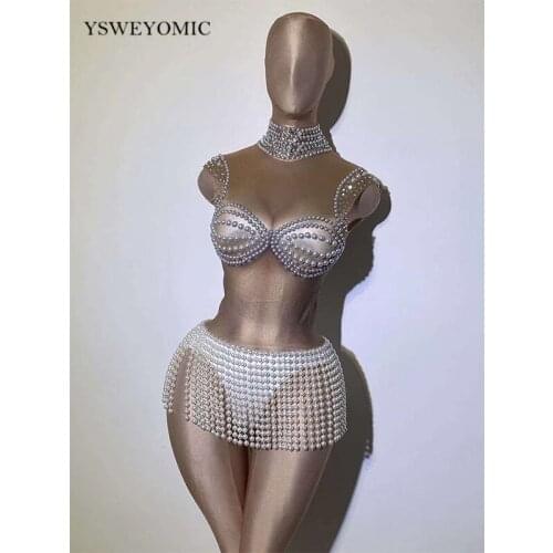 Dance Costume White Pearl Fringe Stones Spandex Bodysuit Women Dancer Singer Show Wear High Neck Outfit Bar Prom Birthday Outfit