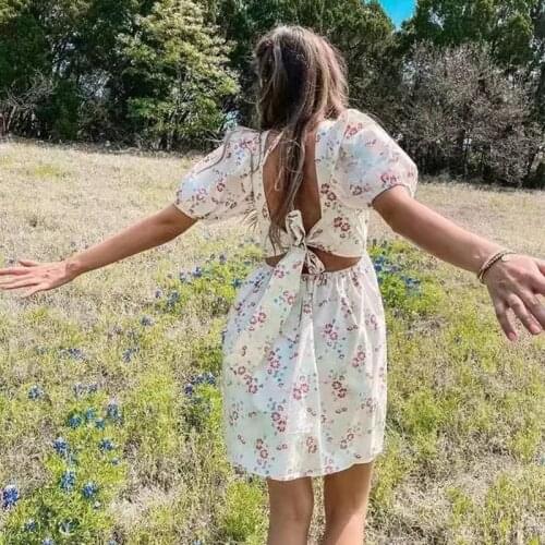 MosiMolly Women Floral Dress Women Back Bow Mini Dress Boho Beach Dress Female Vestidos