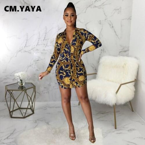 CM.YAYA Women Mini Dress Print Full Sleeve Turn-down Collar Single Breasted Slim Dresses Fashion Streetwear Vestidos Autumn 2021