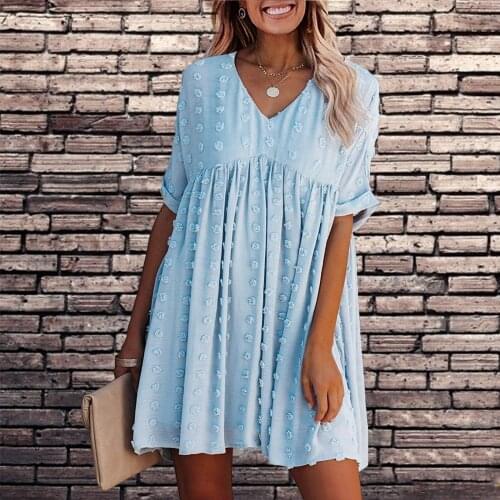 Women’S Casual Summer Dress 2021 Woman Sun Dreeses Short Sleeve Mini Dress Sexy V Neck High Waist Flowy Solid Color Dress