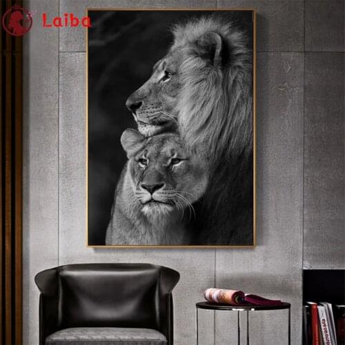 Diamond Embroidery Black and white animal lion companion Diamond Painting Full Square round drill Mosaic Cross Stitch Wall Art