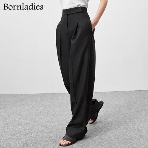 Bornladies Autumn Black Ladies Office Trousers Women High Waist Pants Pockets Female Summer Pleated Wide Leg Pants Solid 2021