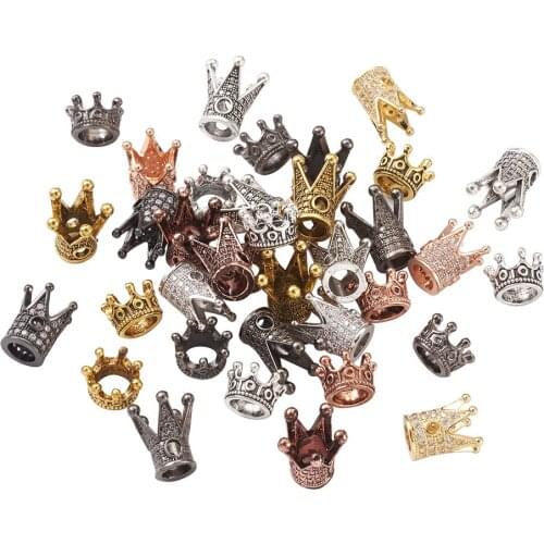 40pcs Crown Brass Micro Pave Cubic Zirconia Beads with Tibetan Style Alloy Beads Charms For DIY Jewelry Necklace Bracelet Making