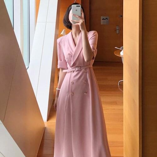 One-Piece Korean Chic WomenS Dress 2021 Summer Elegant Lapel Double Breasted Solid Long Dresses With Belt Female Casual Dress