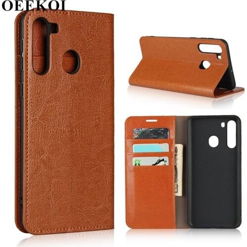 OEEKOI Crazy Horse Genuine Leather Wallet Flip Case for Samsung Galaxy A21