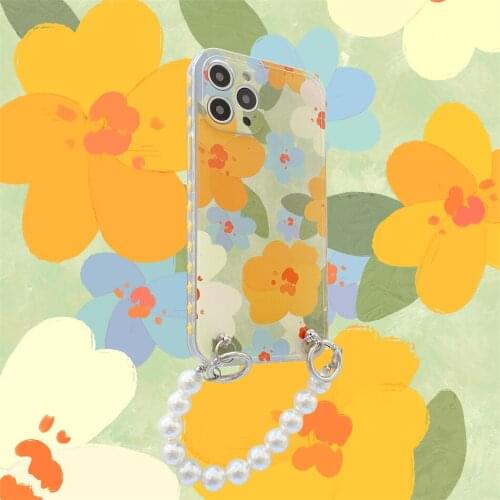 Painted 3D little yellow flower phone case for iphone 12 11 Pro 7 8 plus X XR XS Max SE 2020 cute luxury pearl back cover funda