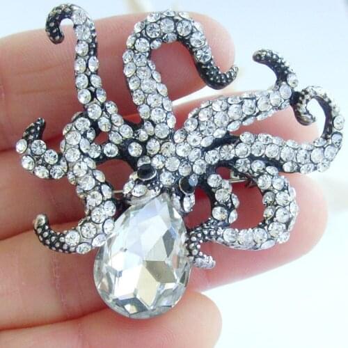 Black Tone 1.77" Unique Octopus Brooch Pin Clear Rhinestone Crystal EE083C3