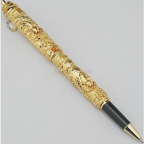 Jinhao Noble Rollerball Pen Golden Tower Cap Small Double Dragon Playing Pearl Metal Carving Embossing Heavy Pen For Writing
